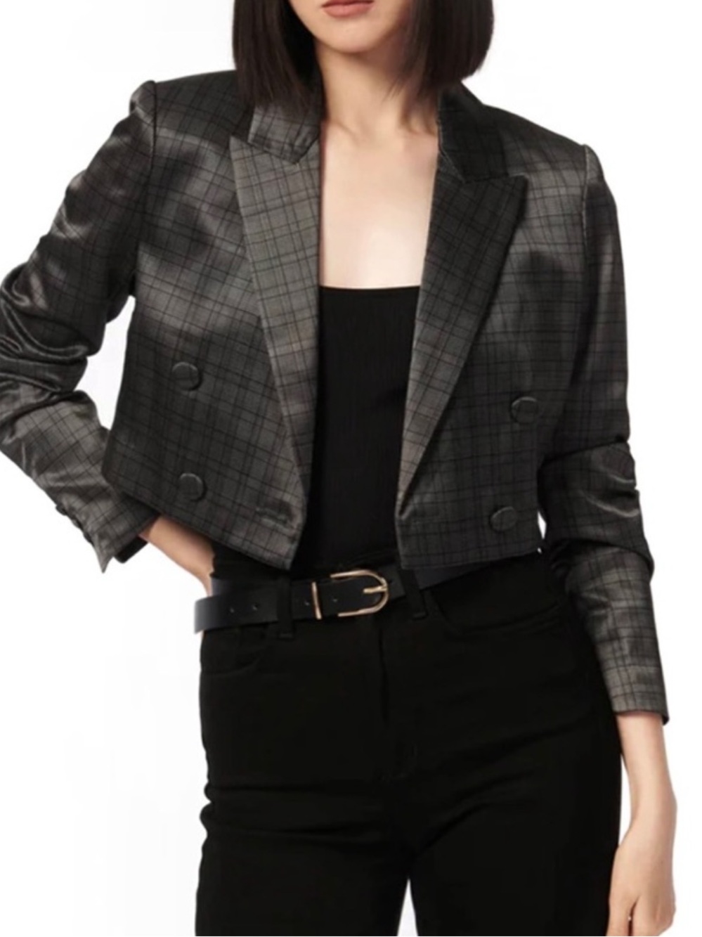 CAMI NYC GRAY HOUNDSTOOTH PLAID CROPPED BLAZER